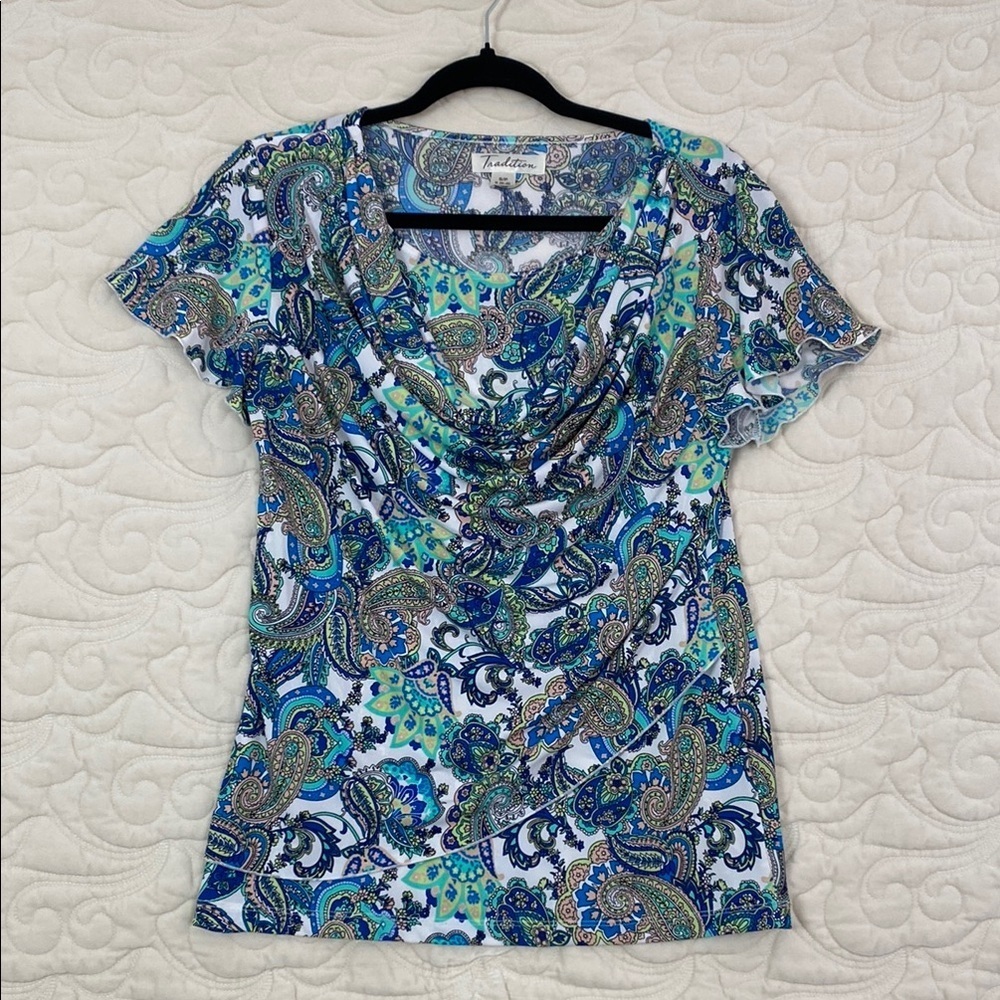 Tradition Paisley Blouse Draped Neck Flutter Sleeves Sz Small